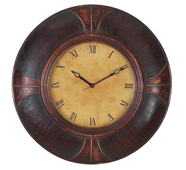 Round Wall Clock in Leather on Wood 35".