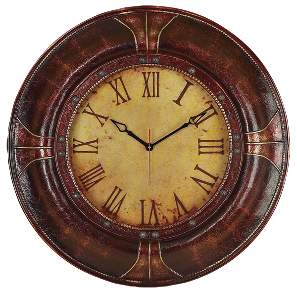 Round Wall Clock in Leather on Wood 33".
