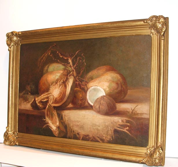 c1900 LARGE FINE AMERICAN COCONUT STILL LIFE BY HUBACEK