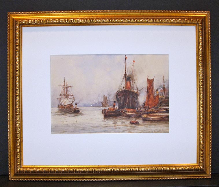 LONDON MARINE SHIPPING WATERCOLOR BY F.W. SCARBOROUGH