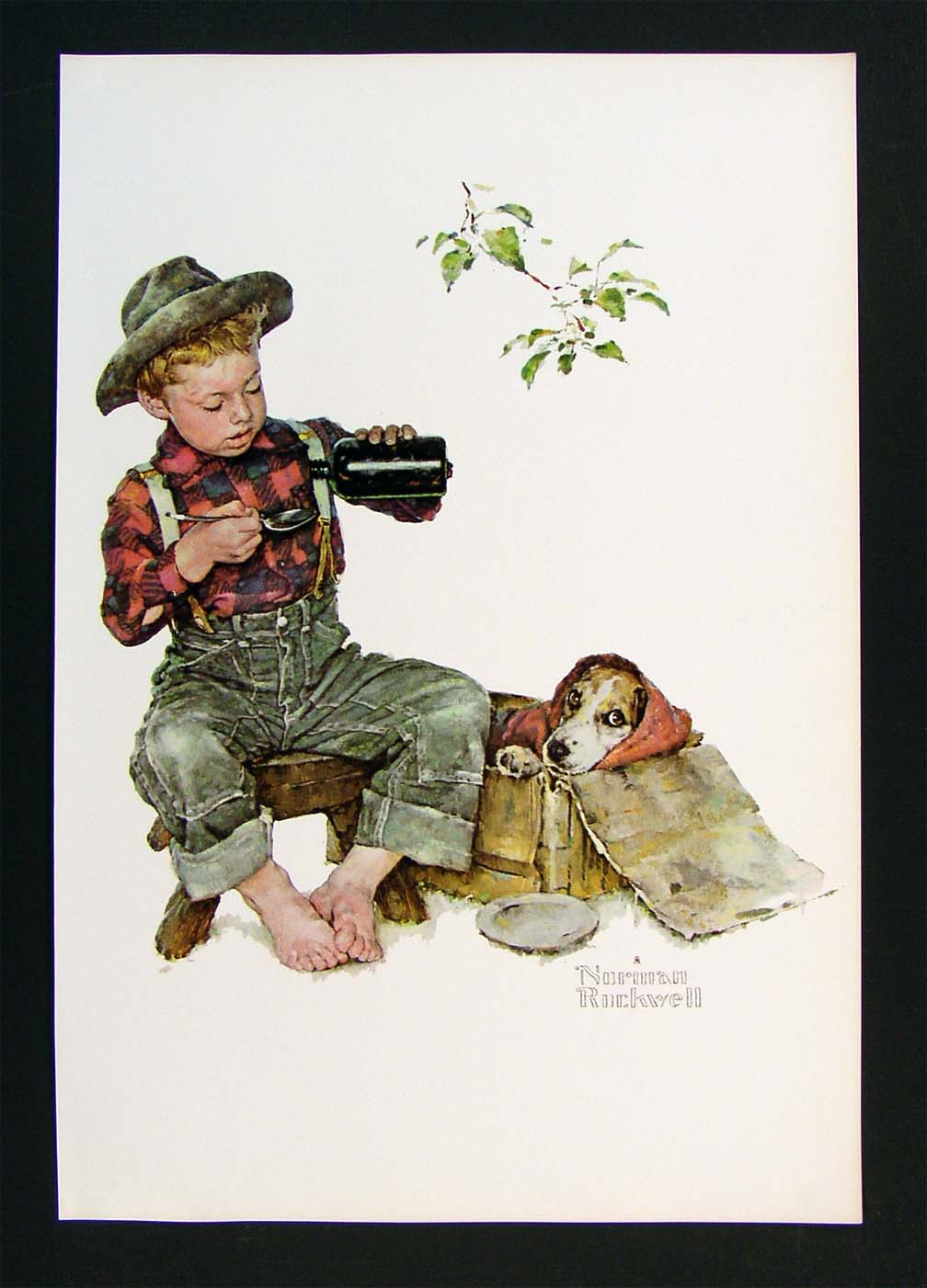 Norman Rockwell Print - Spring - Boy Giving Dog Medicine Beagle Vintage 