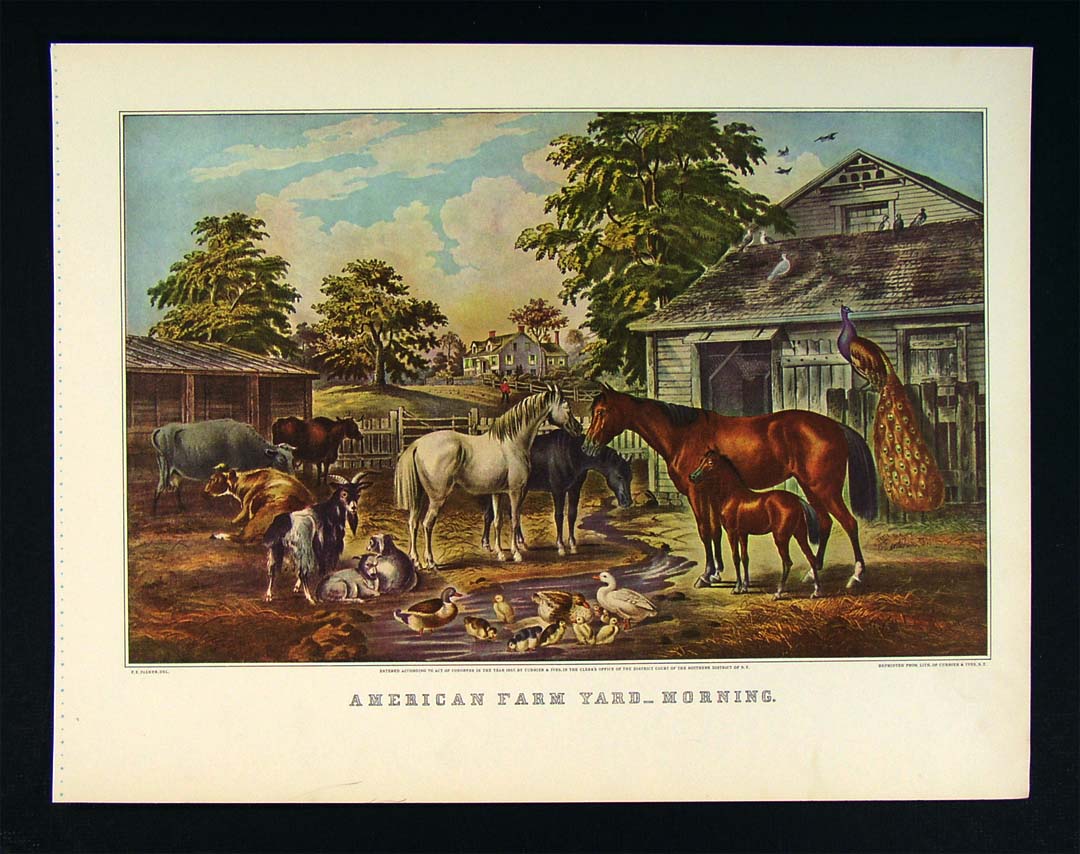 Currier And Ives Print American Farm Yard Morning Barn Yard Scene