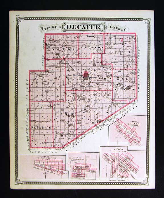 1876 Indiana Map Decatur County Greensburg St Paul Omer Clarksburgh Adams Ebay 8609