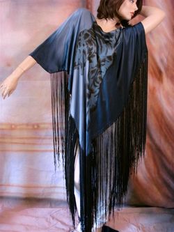 $2300 TULEH Sexy Silk Blue Tiger Fringed Poncho Top M