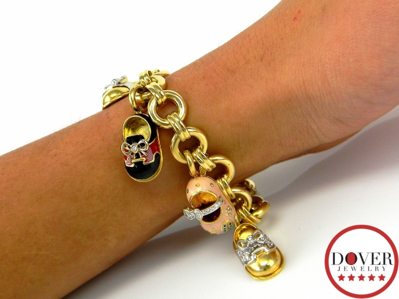 Aaron Basha Diamond 18K Gold Baby Shoe Charm Bracelet ...