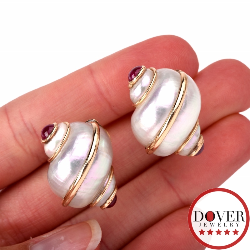 Designer MAZ Ruby Mother of Pearl 14K Gold Sea Shell Earrings 12.7