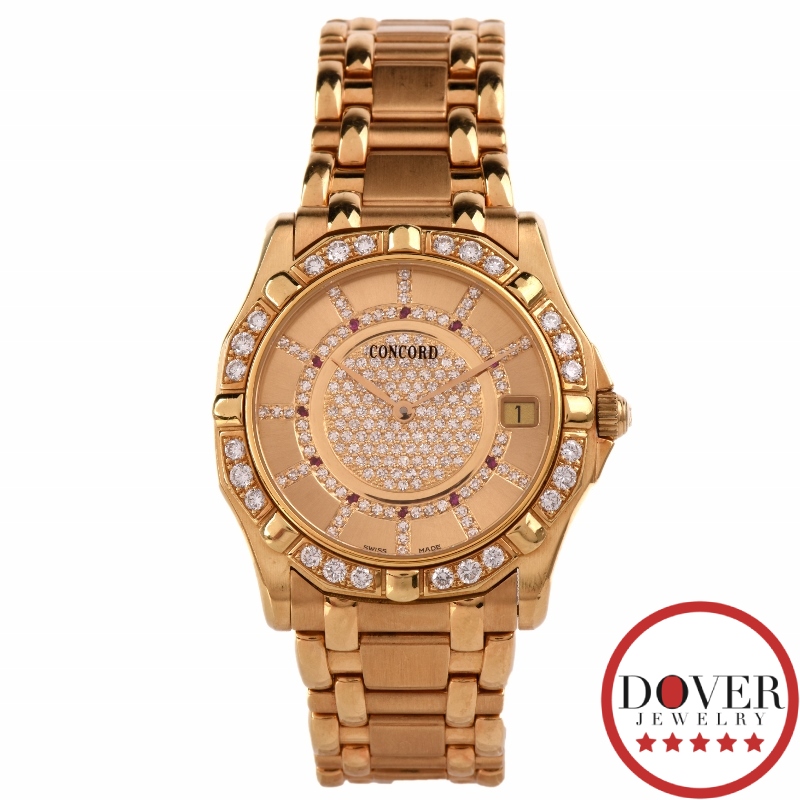 Concord Diamond Ruby 18K Gold Saratoga Mens Watch 118.9 Grams 26000 NR
