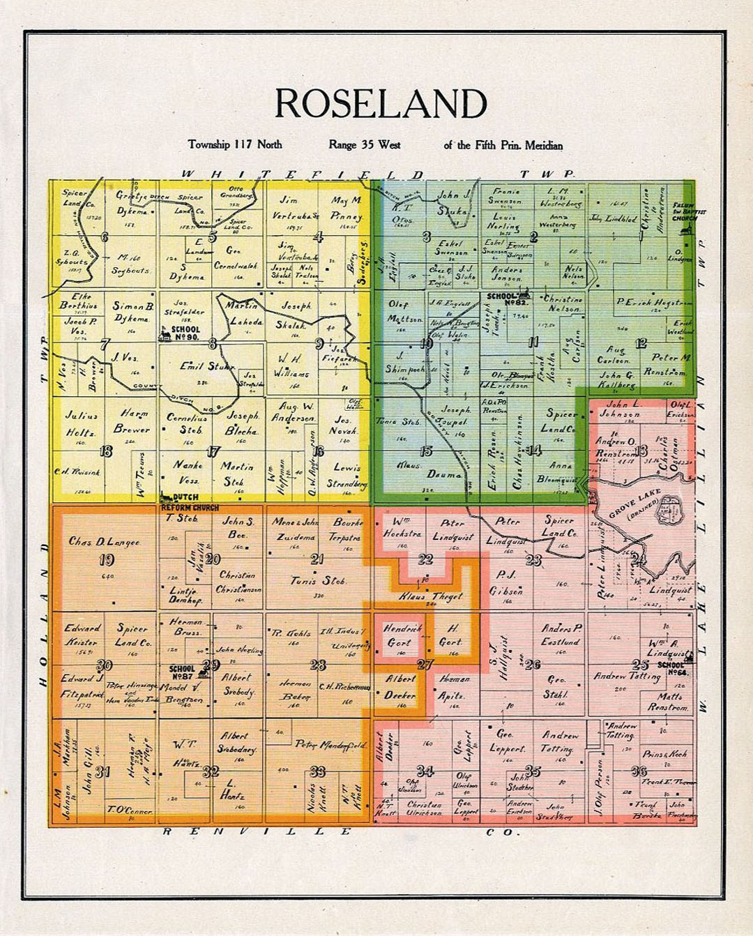 ROSEVILLE TOWNSHIP KANDIYOHI COUNTY MINNESOTA RARE 1905 ANTIQUE MAP