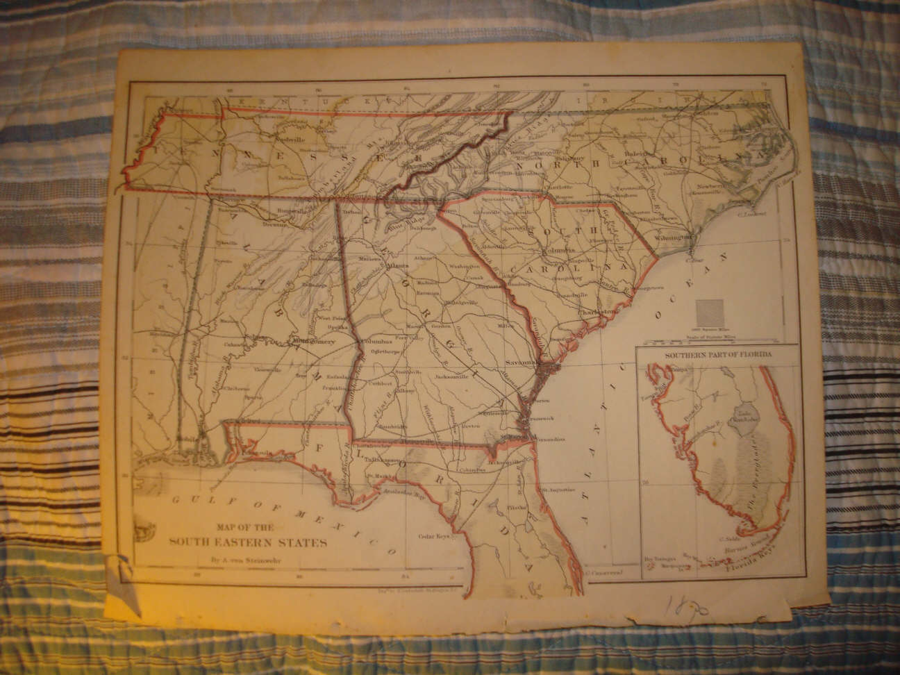 ANTIQUE FLORIDA NORTH SOUTH CAROLINA GEORGIA MAP RareNR