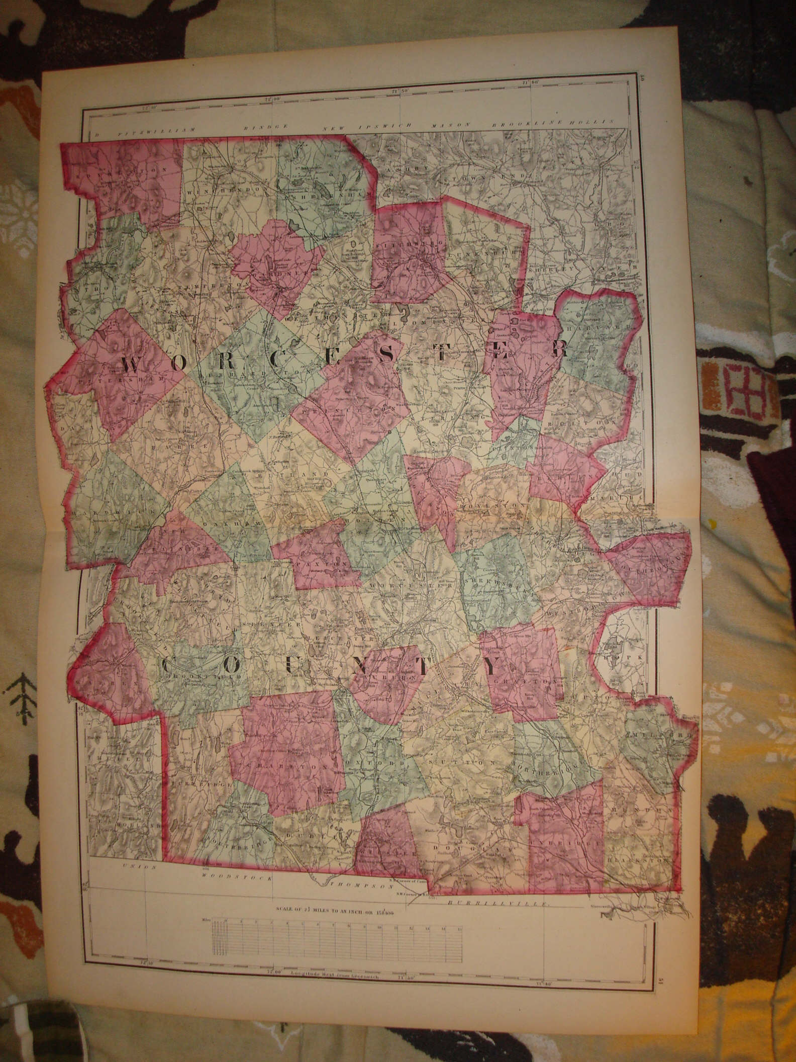 1871 WORCESTER COUNTY MASSACHUSETTS ANTIQUE HANDCLR MAP