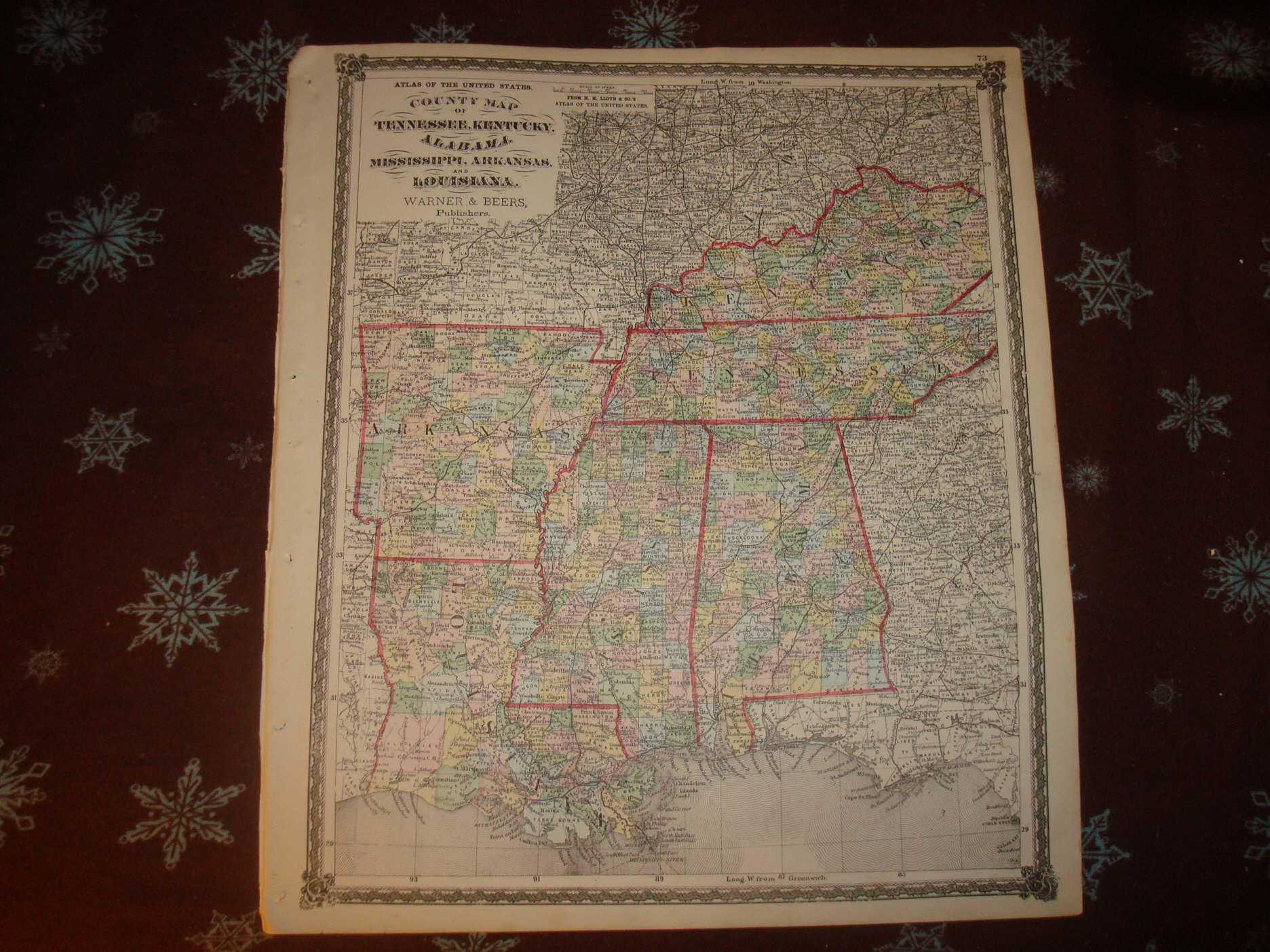 LARG ANTIQUE TENNESSEE KENTUCKY LOUISIANA ALABAMA MAP N