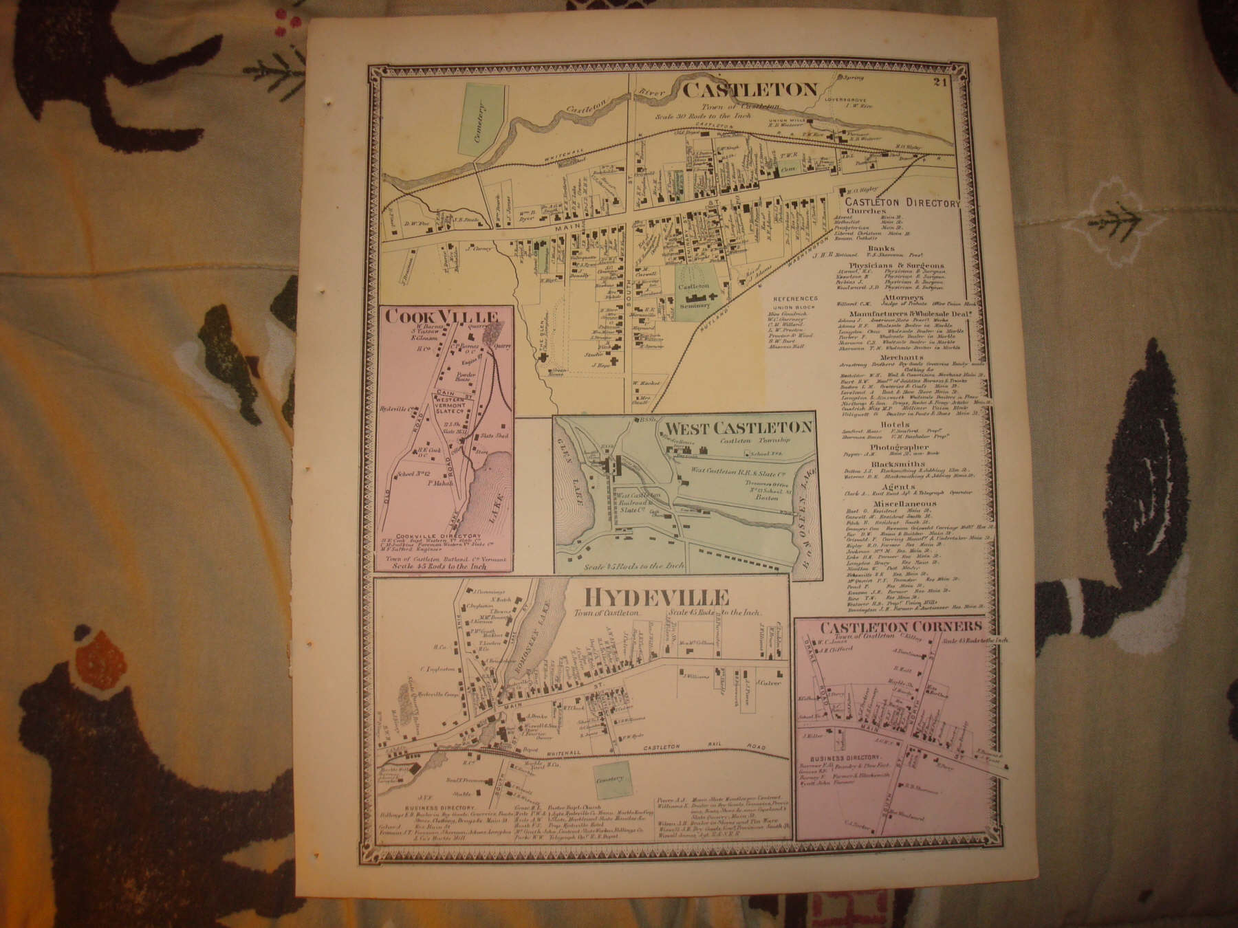 CASTLETON HYDEVILLE RUTLAND COUNTY VERMONT ANTIQUE MAP