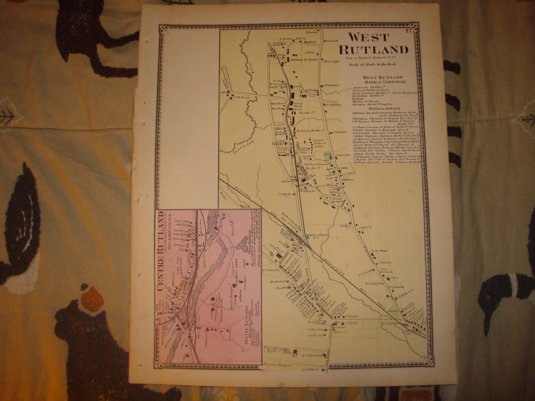 1869 WEST & CENTER RUTLAND VERMONT ANTIQUE MAP COUNTY N