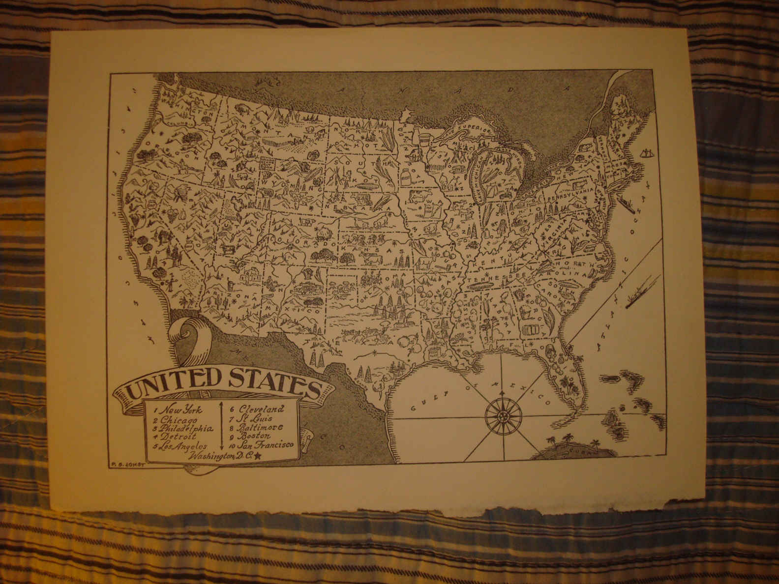 1951 ANTIQUE UNITED STATES CARTOON MAP TEXAS FLORIDA NR