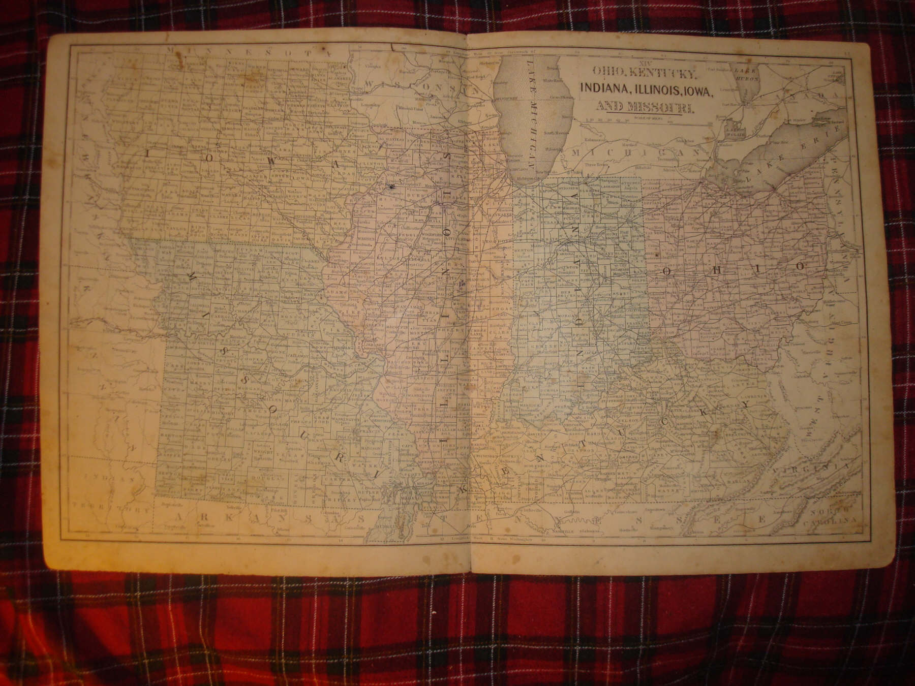1868 ANTIQUE MICHIGAN WISCONSIN OHIO ILLINOIS IOWA MAP