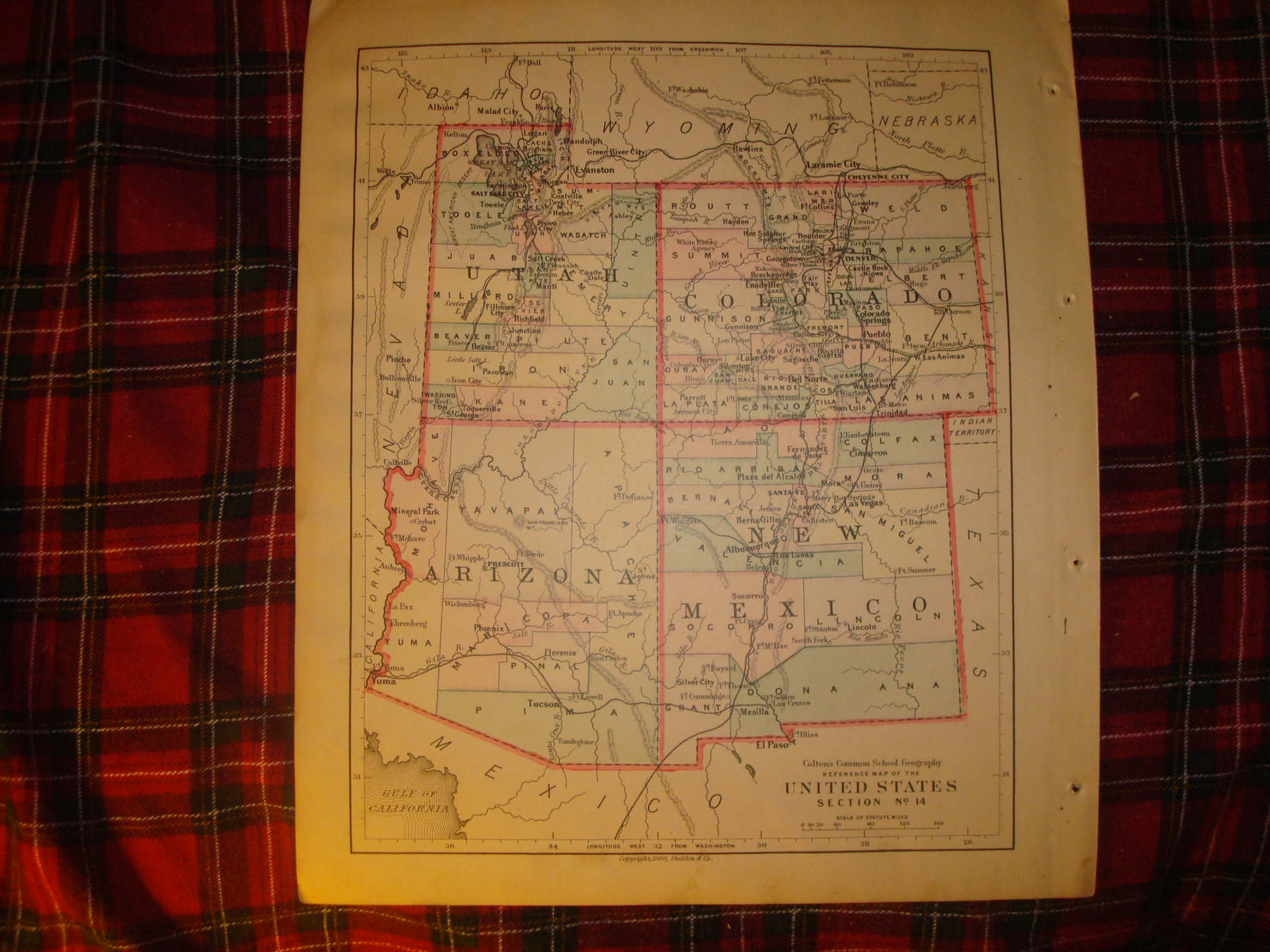 ANTIQUE UTAH COLORADO ARIZONA NEW MEXICO HANDCLR MAP NR