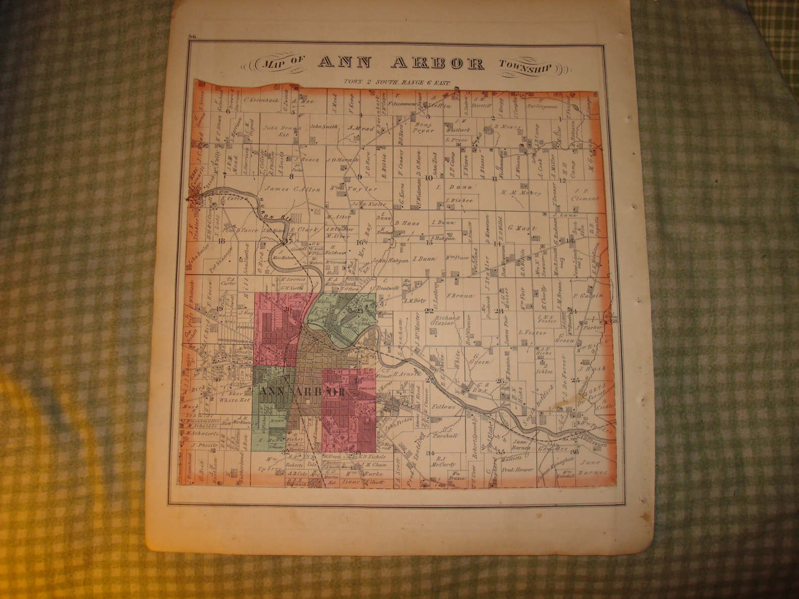 ANN ARBOR TONSHIP MICHIGAN ANTIQUE HANDCOLORED MAP NR