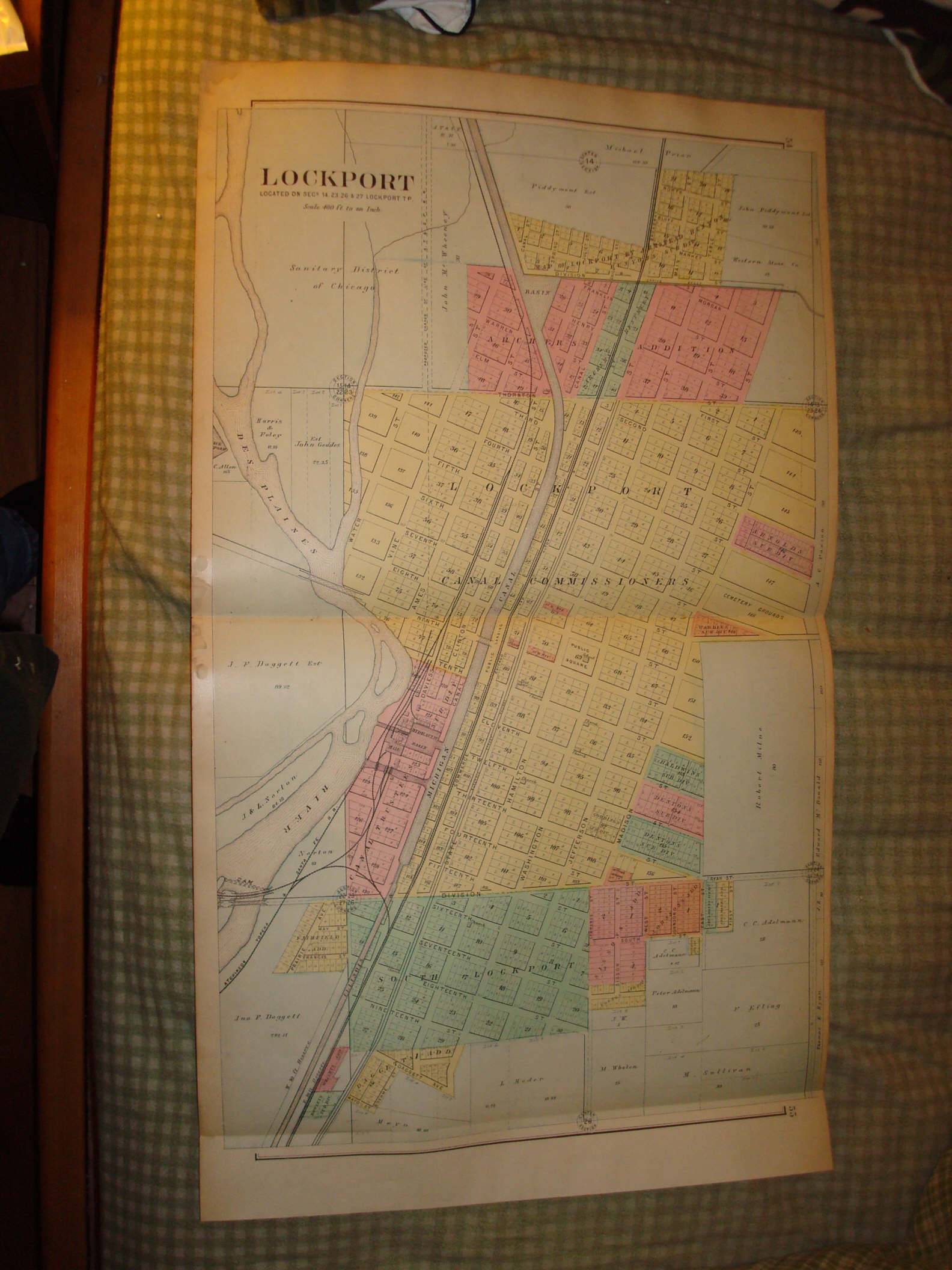 JOLIET LOCKPORT WILMINGTN ILLINOIS ANTIQUE HANDCOLR MAP