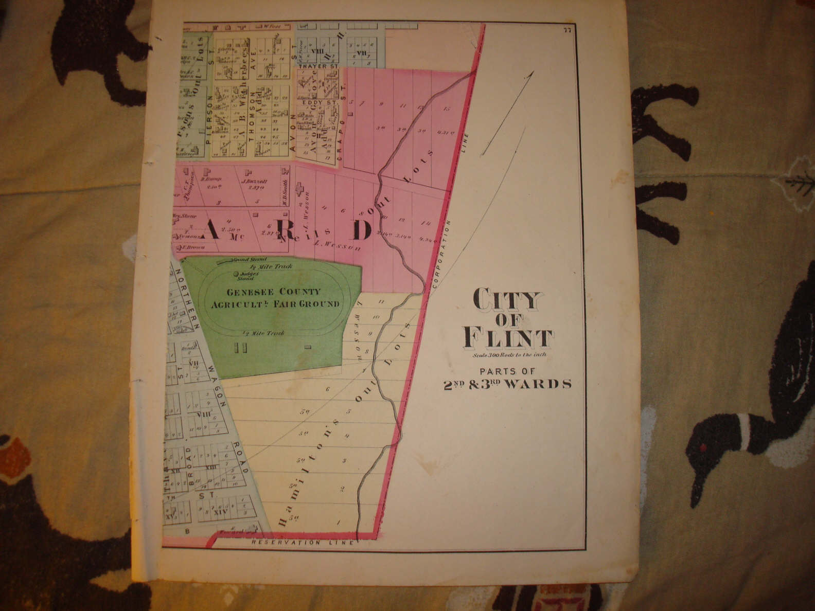 1873 FLINT MICHIGAN ANTIQUE HANDCOLORED MAP rare NR