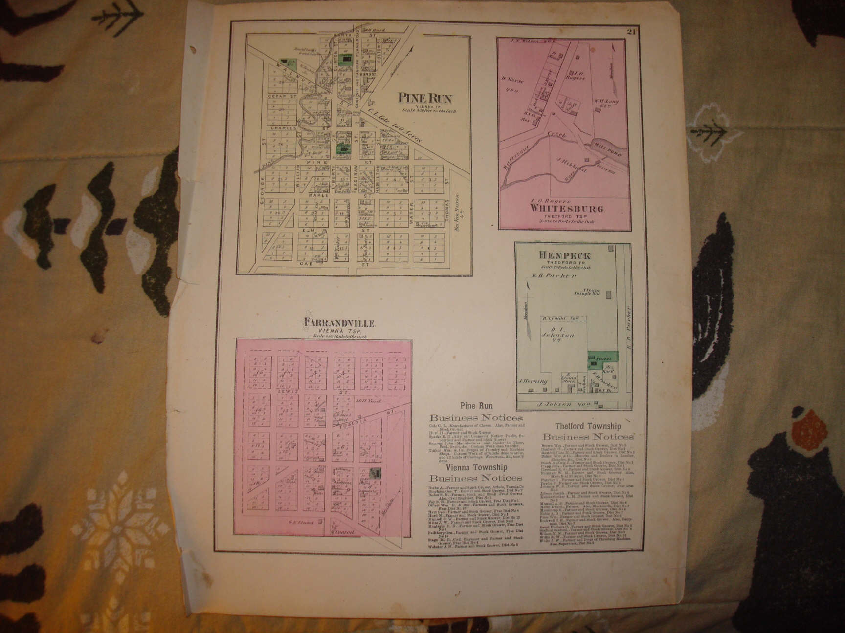 1873 THETFORD VIENNA TOWNSHIP MICHIGAN ANTIQUE MAP NR