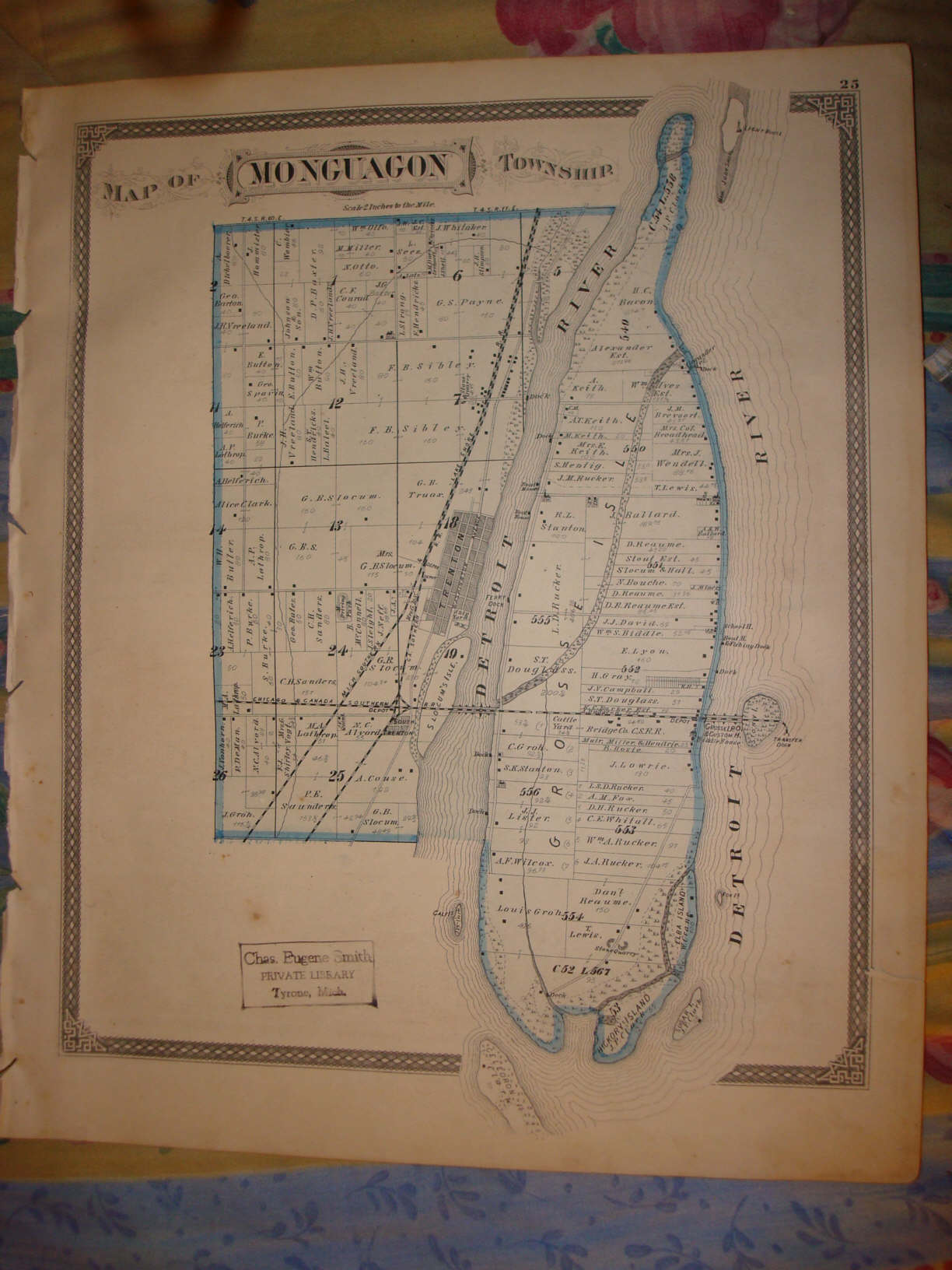1876 GROSSE ILE TOWNSHIP TRENTON MICHIGAN ANTIQUE MAP N