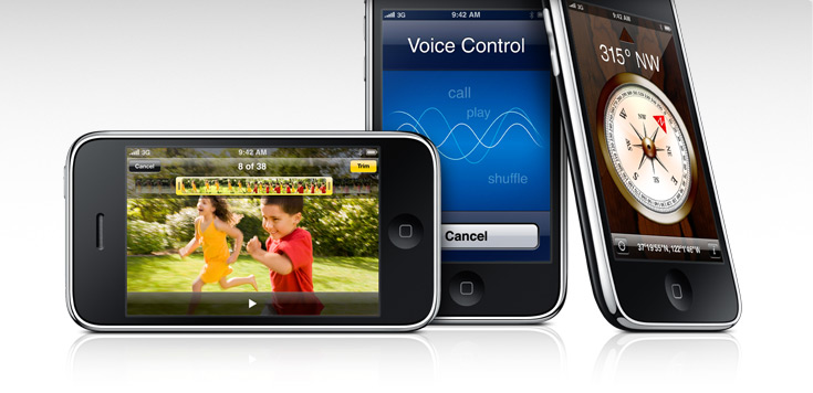 Images of the iPhone 3GS video recording interface, the Voice Control screen, and the built-in digital compass.