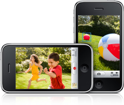 Images of the iPhone 3GS camera's tap to focus feature and the video camera interface.