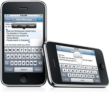 The iPhone 3GS keyboard and the Cut, Copy, and Paste interface.