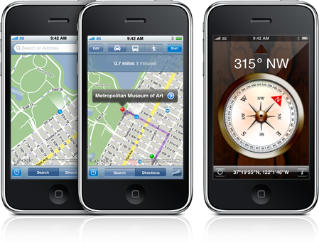 A map on iPhone 3GS rotated to show the correct direction and the Compass application.