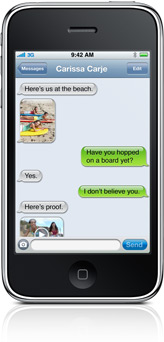 An MMS conversation with photos and video on iPhone 3GS.