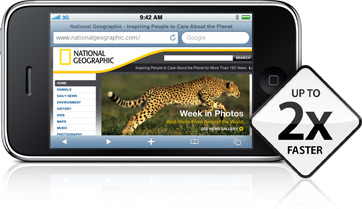 The National Geographic site on iPhone 3GS, with a 2x faster badge.