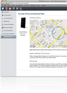 Safari showing the mobileme site, find my iphone section