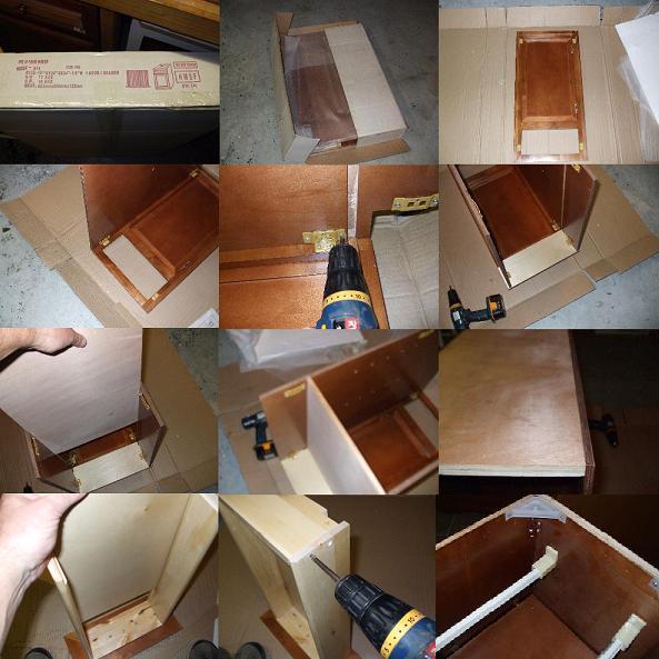 collage of pictures of a RTA base cabinet being assembled