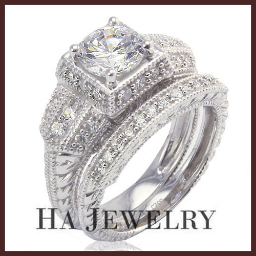 2.7CT Filigree CZ Women Set & Cable Inlay Titanium Ring