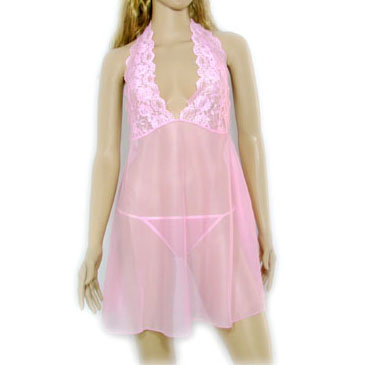 Sexy Lingerie Pink Halter Lace Babydoll Dress Thong 013