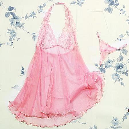 Sexy Lingerie Pink Halter Lace Babydoll Dress Thong 013