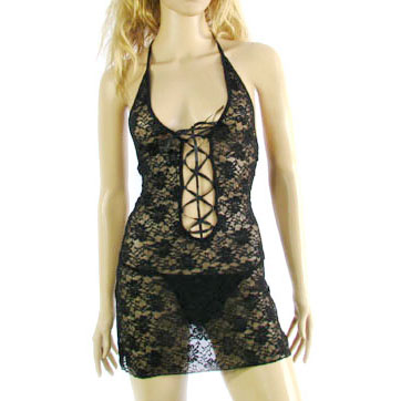 Sexy Lingerie Black Floral Halter Lace Chemise Thong