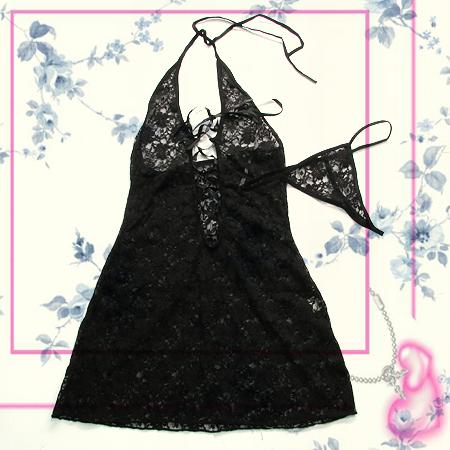 Sexy Lingerie Black Floral Halter Lace Chemise Thong