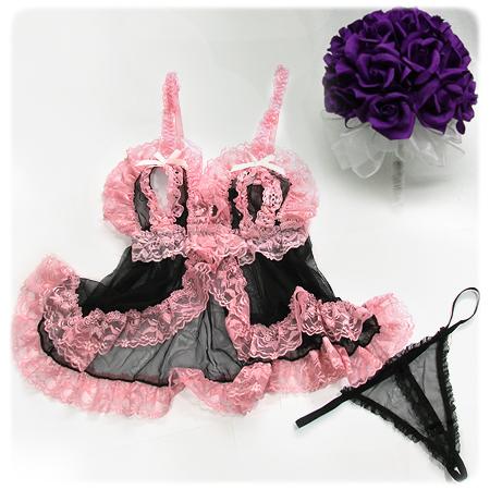 Sexy Lingerie Black Pink Sheer Lace Camisole G String