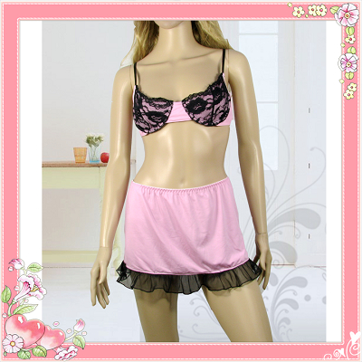 Sexy Pink Black Lingerie Top Bra Mini Skirt Clubwear