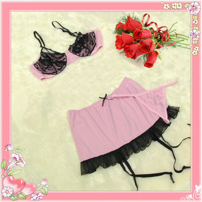 Sexy Pink Black Lingerie Top Bra Mini Skirt Clubwear