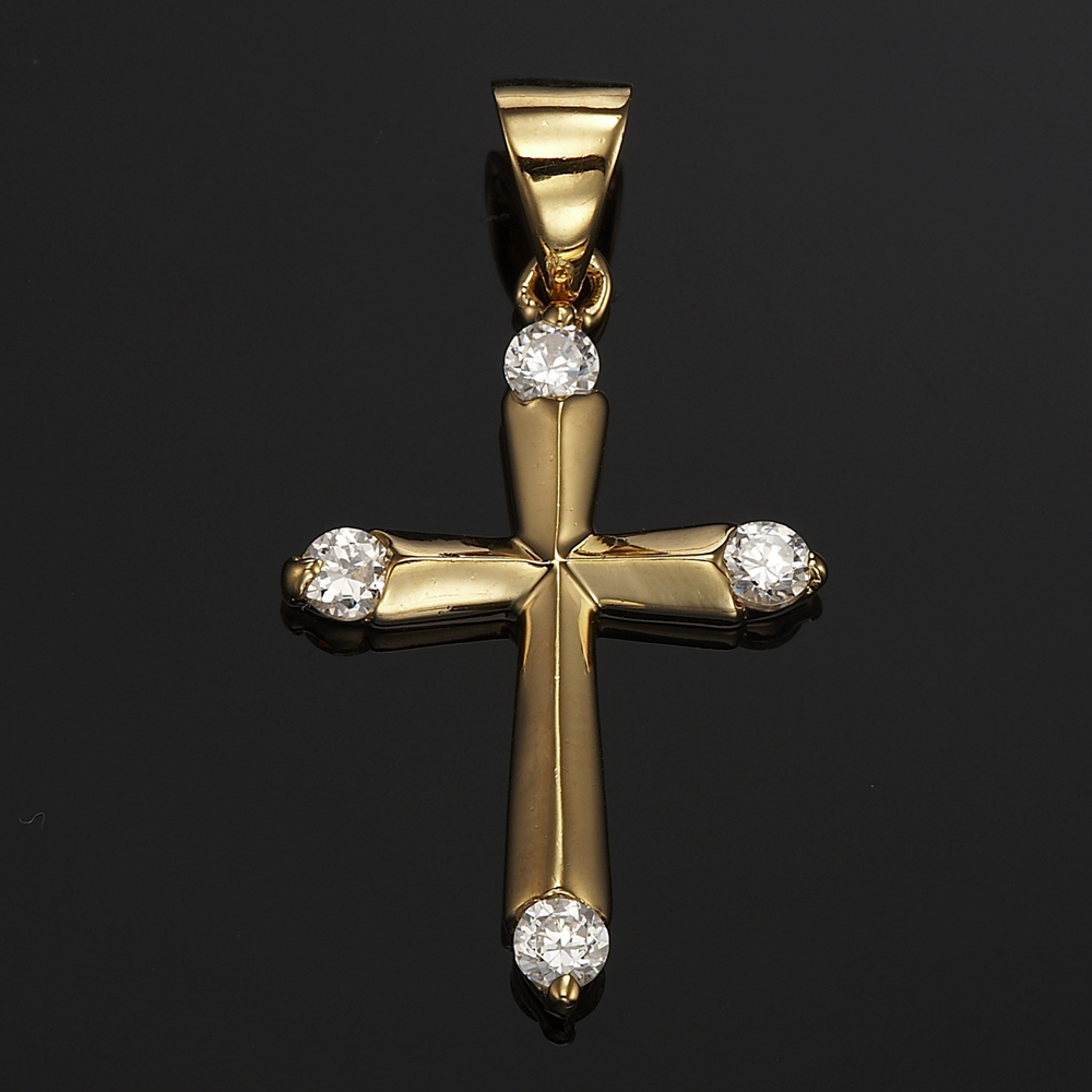 18 ct YG Layered Holy Cross with Clear CZ Stone Pendant