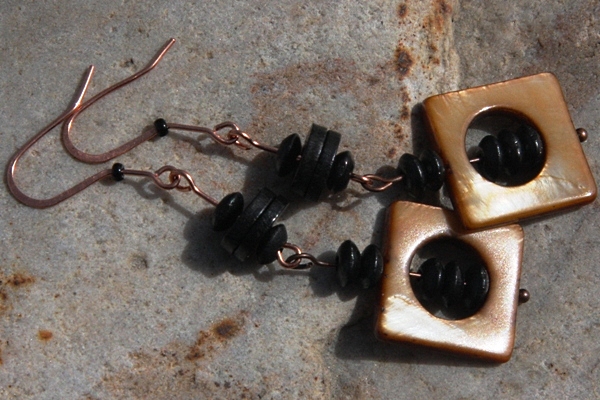 KapKa Design Golden Mother of Pearl and Black Ebony Wood Earrings