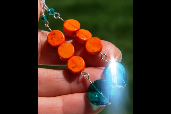 KapKa Design Rich Orange Turquoise and Persian Green Swarovski Crystal Sterling Silver Earrings