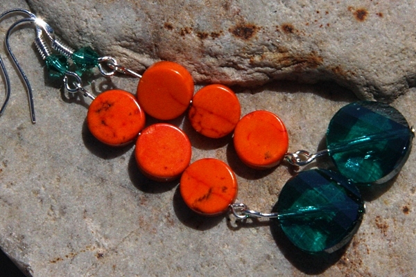 KapKa Design Rich Orange Turquoise and Persian Green Swarovski Crystal Sterling Silver Earrings
