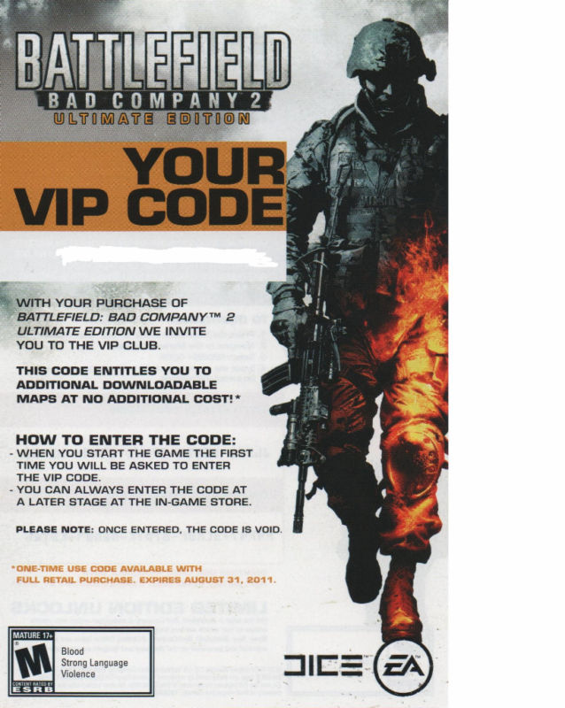 BRAND NEW: Battlefield Bad Company 2 VIP code for the XBOX 360 .