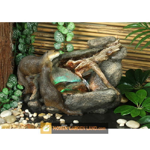 Fountain Two Otters With stone and Branch 9' 9 In Decor