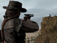 Marston taking aim on a distant enemy with a sighted rifle in Red Dead Redemption