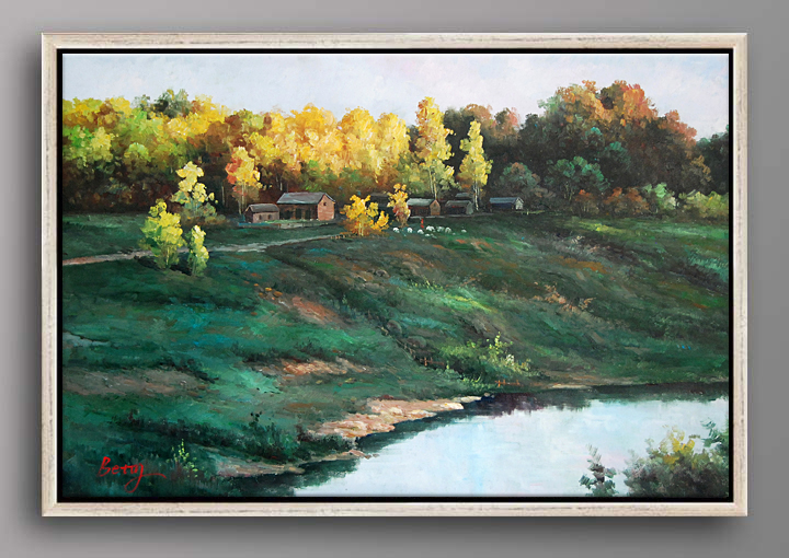 D266 - 37" FRAMED MODERN Forest Tree Landscape ART OIL PAINTING