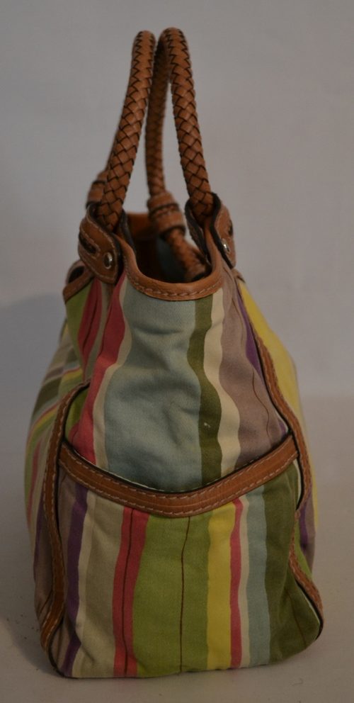 Handbag.Obsession : FOSSIL Multi Color Stripe With Brown Leather Like Trim Satchel Handbag Purse